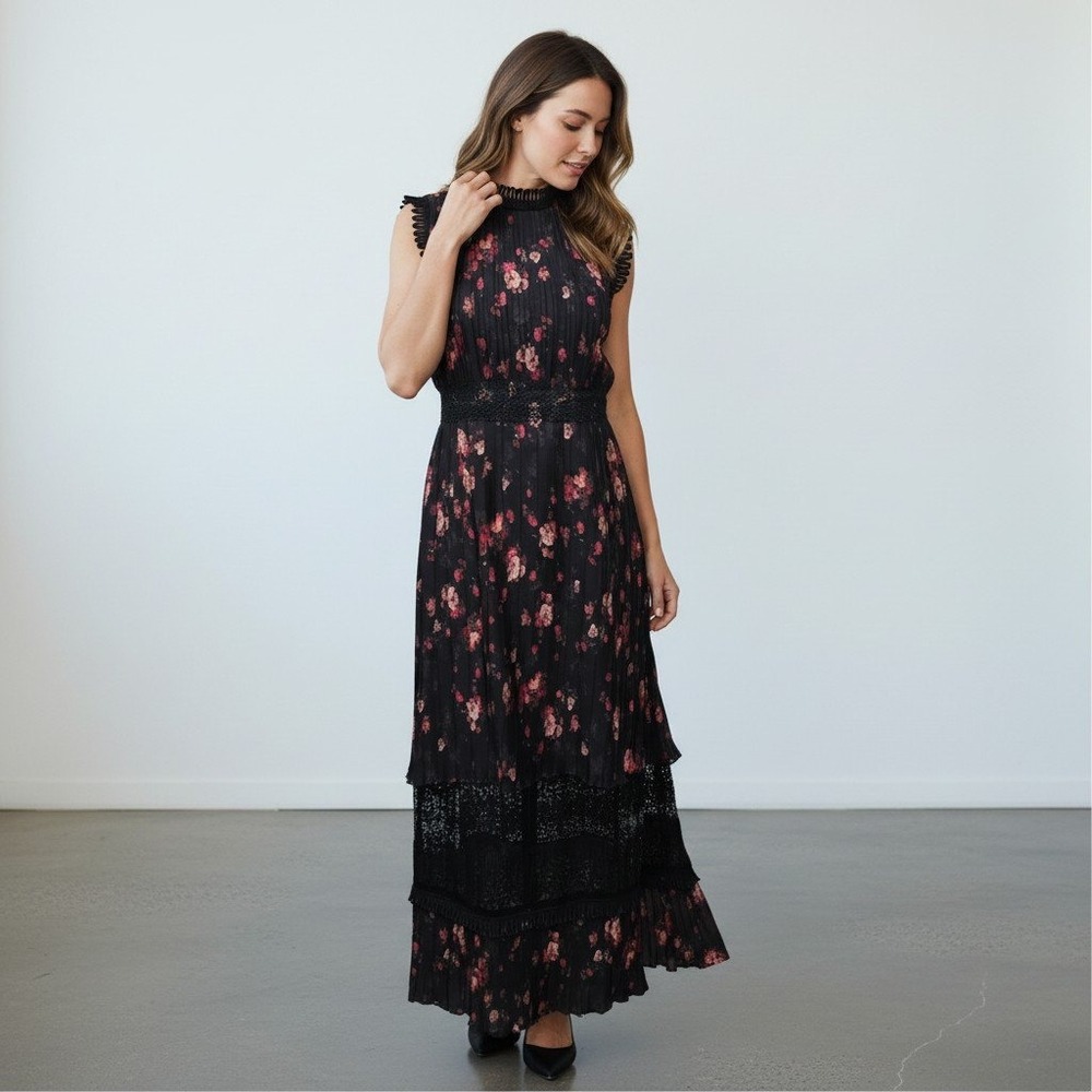 Foxiedox Anthropologie Black Floral Pleated Maxi Dress Open Back Lace Trim Sz XS